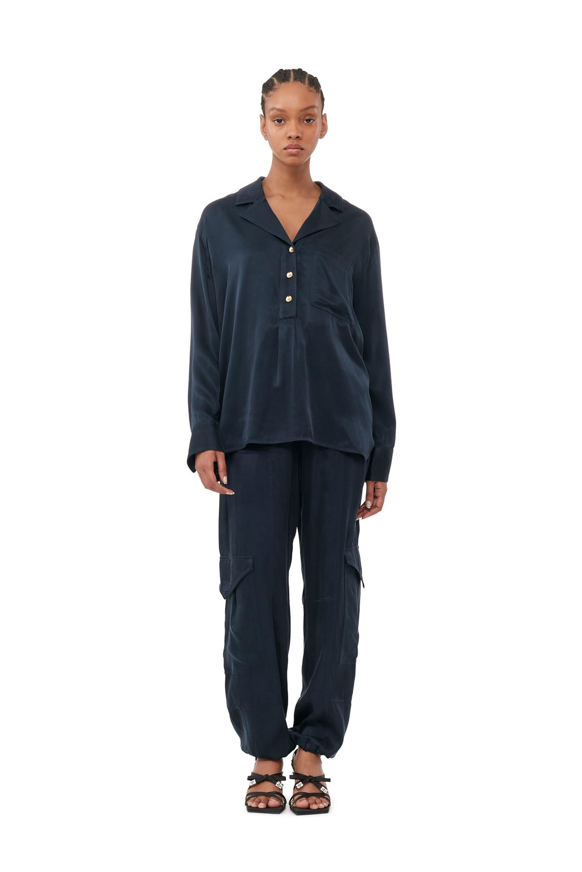 Blue Washed Satin Trousers Product Image