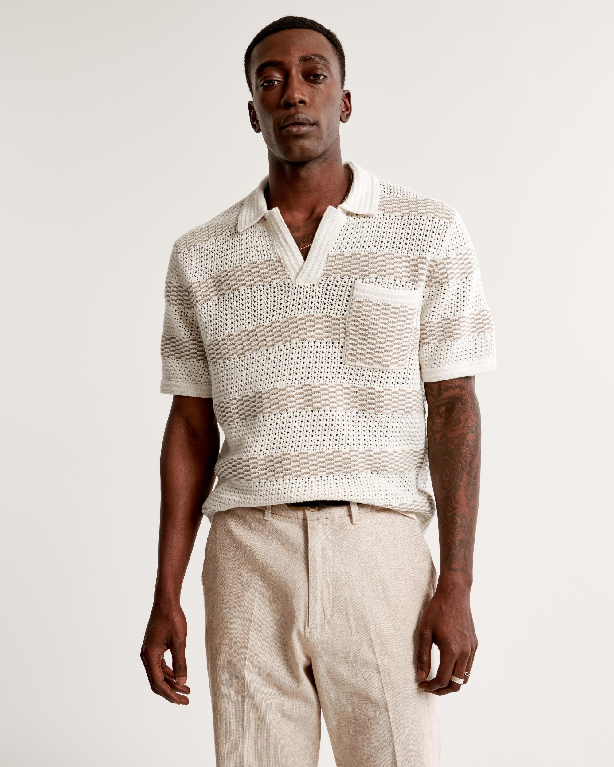 Striped Stitched Johnny Collar Sweater Polo Product Image