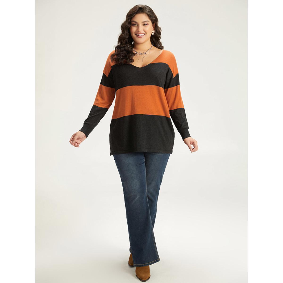 Plus Size Halloween Supersoft Essentials Colorblock Contrast Elastic Cuffs Pullover Orange Women Casual Loose Long Sleeve V-neck Everyday Pullovers BloomChic 30/6X Product Image