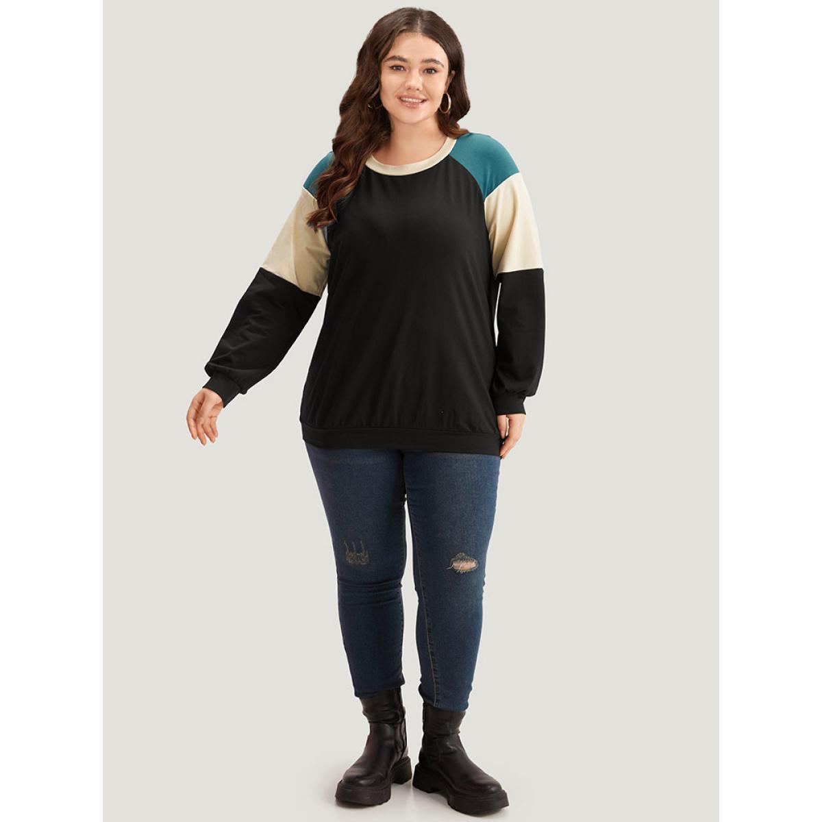Plus Size Colorblock Contrast Raglan Sleeve Sweatshirt Women Black Casual Elastic cuffs Round Neck Dailywear Sweatshirts BloomChic 10/M Product Image