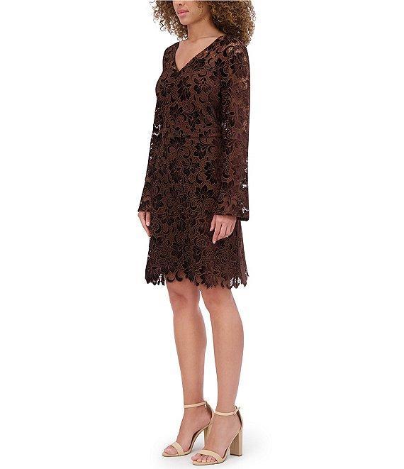 Kensie Velvet Lace V-Neck Long Bell Sleeve Mini Dress Product Image