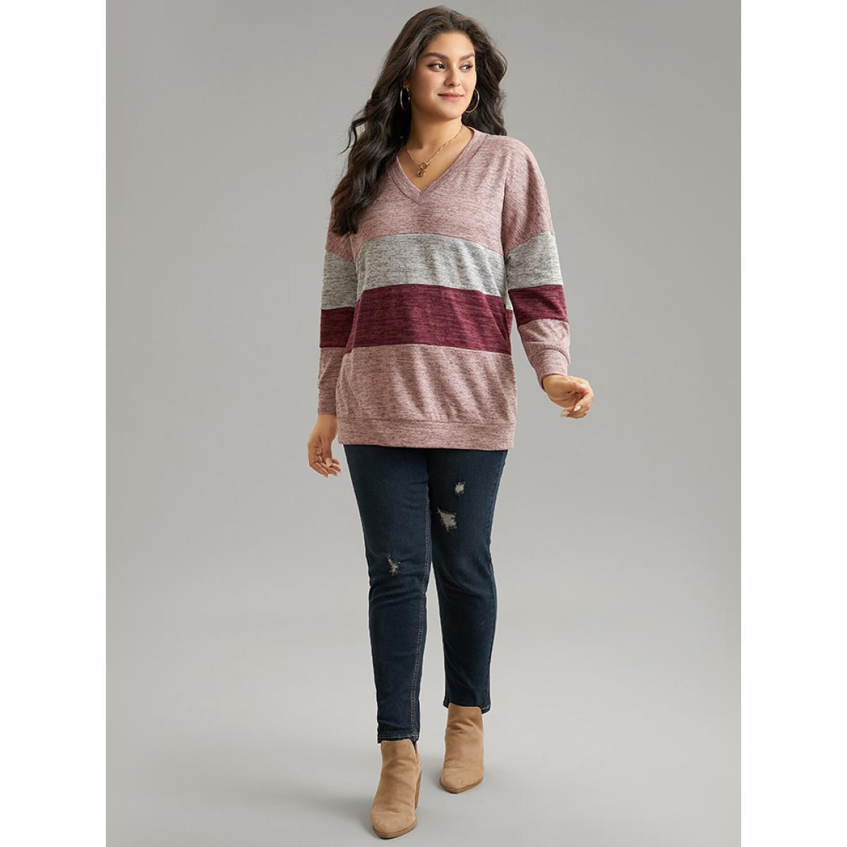 Plus Size Heather Colorblock Long Sleeve Sweatshirt Women Multicolor Casual Heather V-neck Dailywear Sweatshirts BloomChic 22-24/3X Product Image