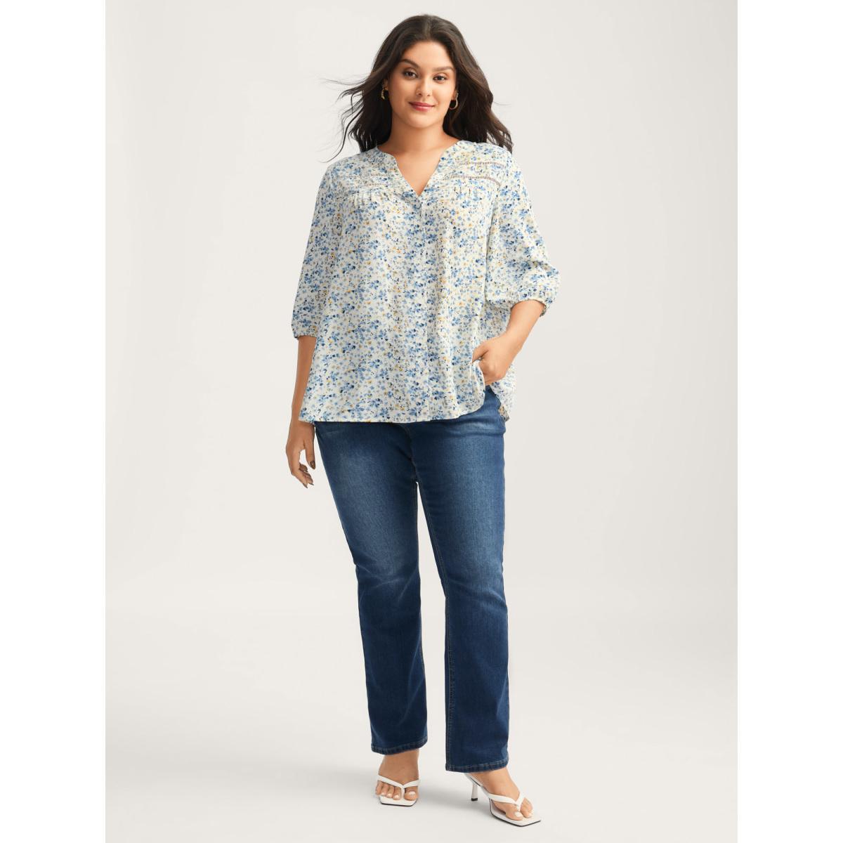 Plus Size Multicolor Floral Print Lace Trim Flowy Blouse Women Elbow-length sleeve Notched collar Everyday-Elegant Blouses BloomChic 10/M Product Image