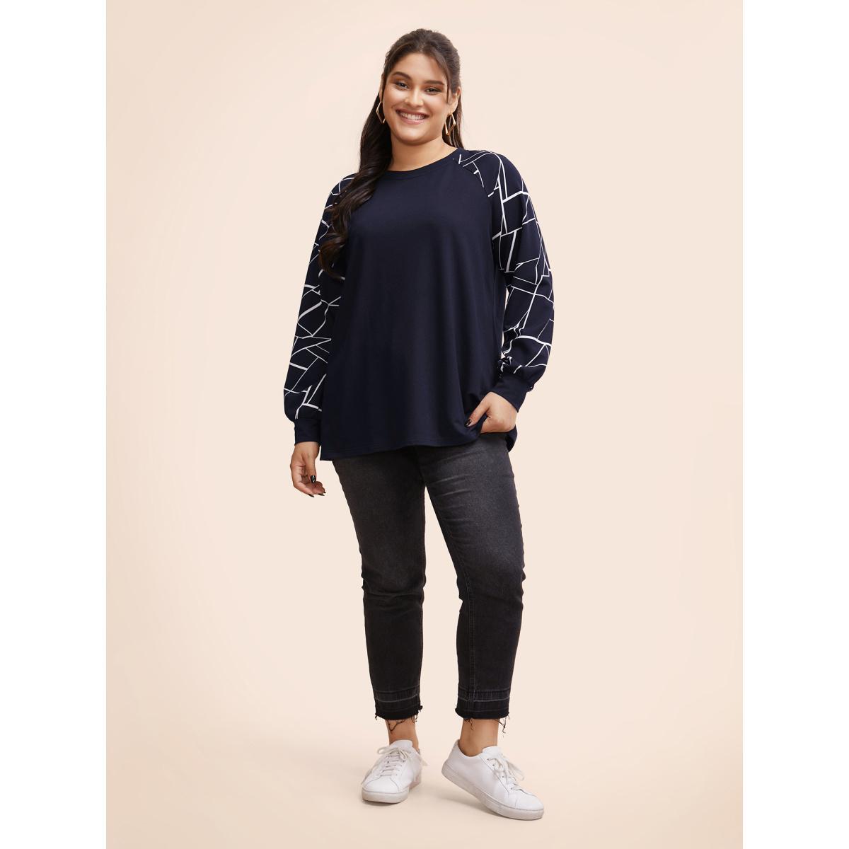 Plus Size Geometric Round Neck Raglan Sleeve Sweatshirt Women DarkBlue Casual Elastic cuffs Round Neck Dailywear Sweatshirts BloomChic 14-16/1X Product Image