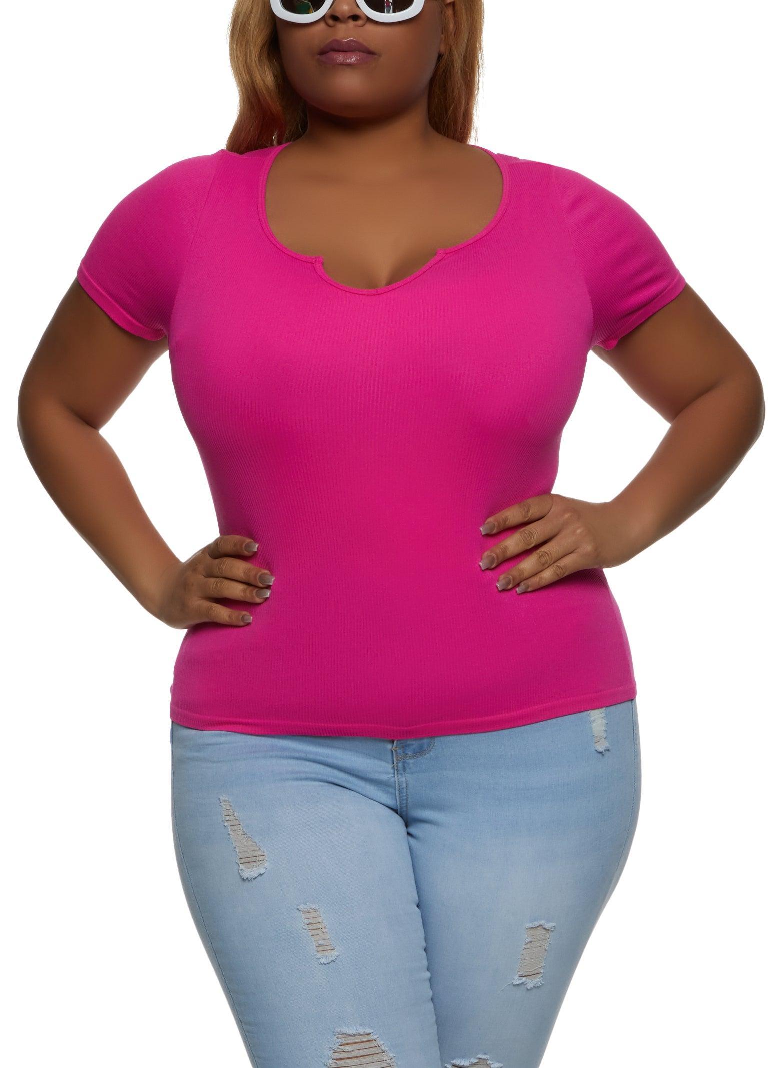 Womens Plus Size Ribbed Knit Notch Neck Basic Tee Product Image