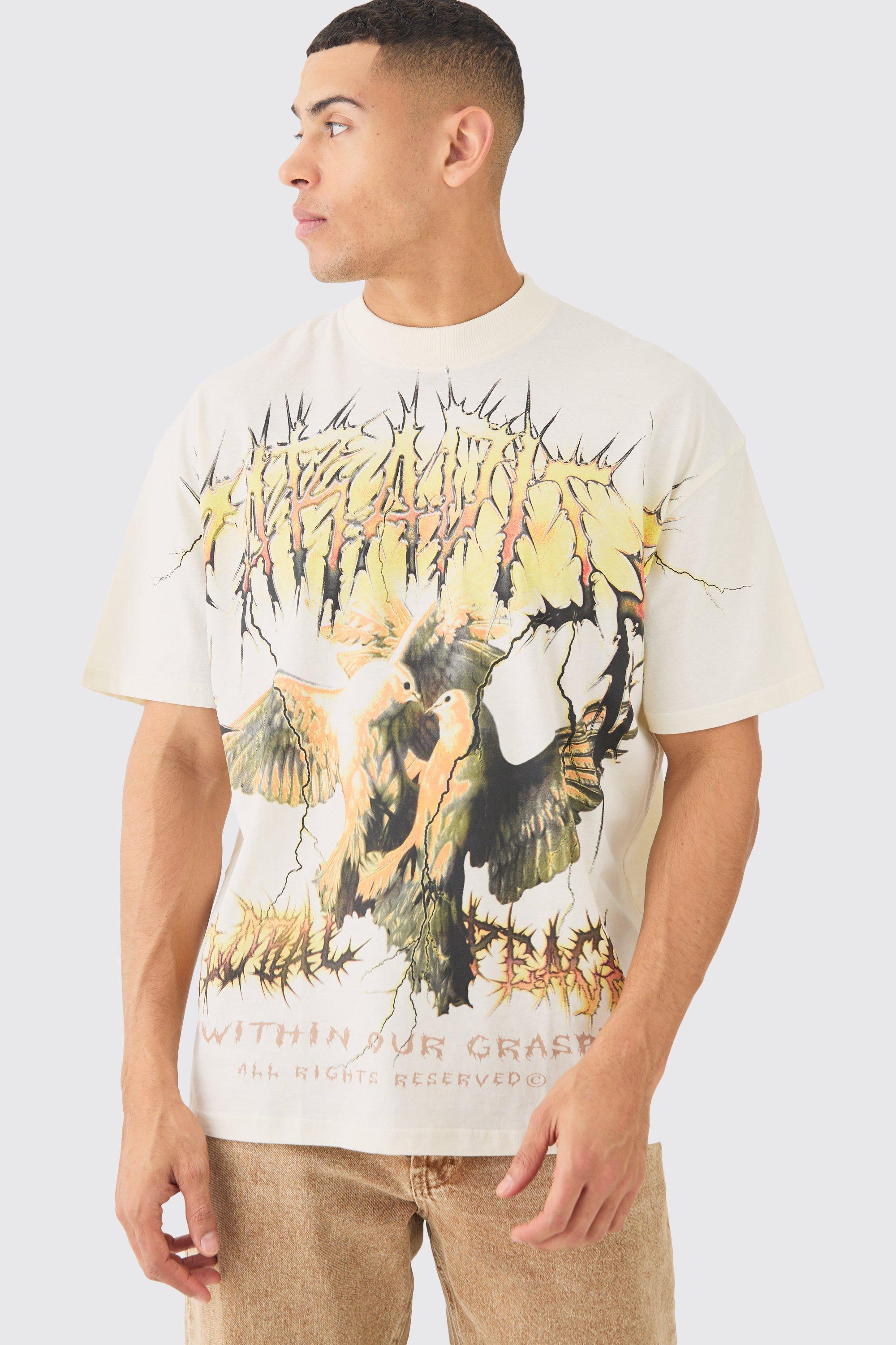 Mens Black Oversized Over Seams Gothic Dove Graphic T-shirt, Black Product Image