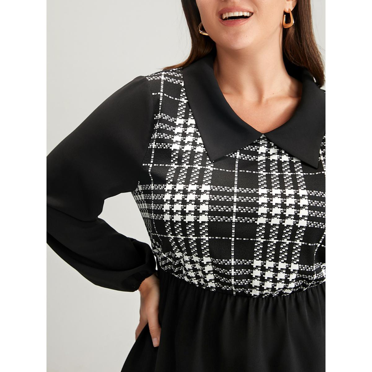 Plus Size Black Plaid Patchwork Lantern Sleeve Ruffle Hem Blouse Women Office Long Sleeve Lapel Collar Work Blouses BloomChic 30/6X Product Image