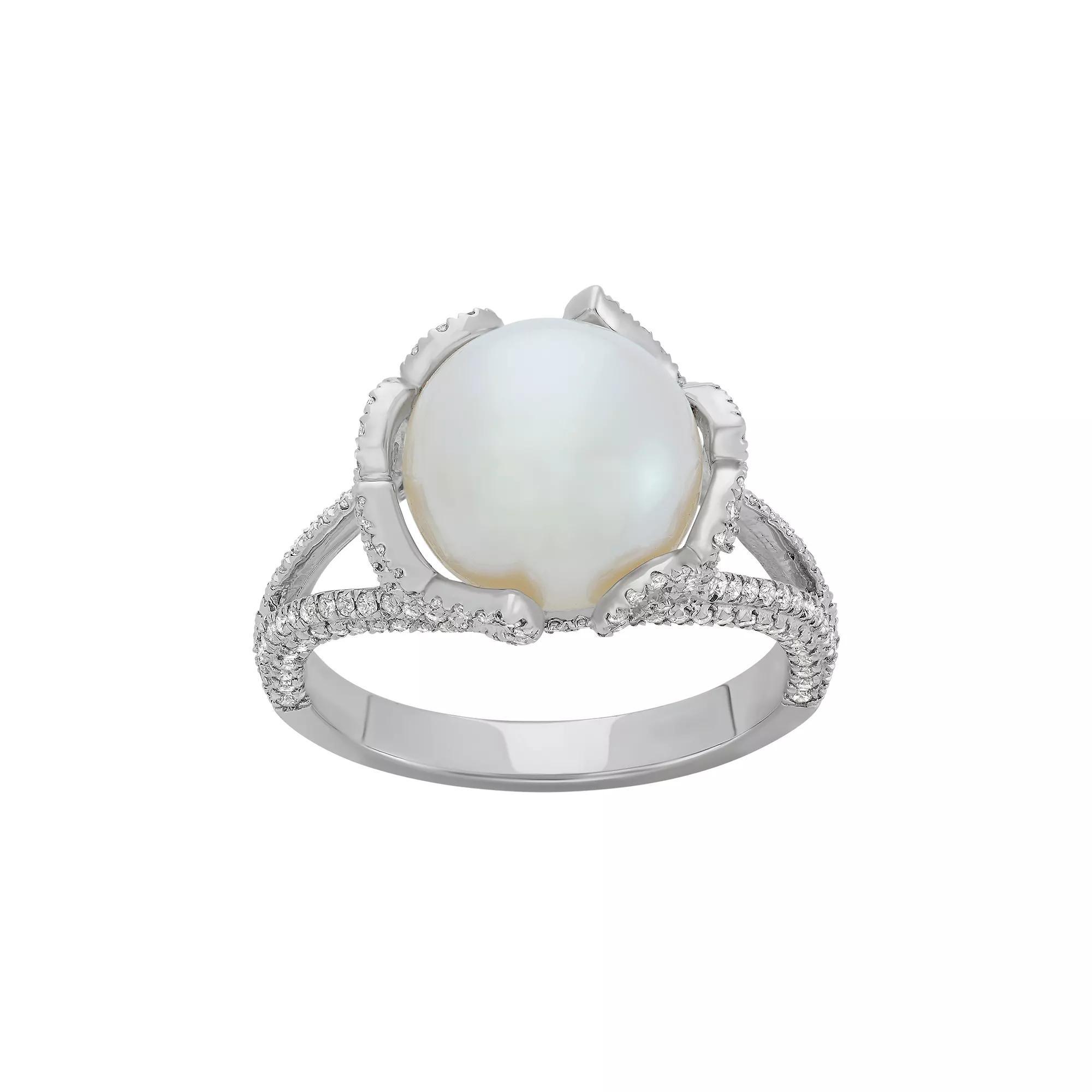 Freshwater Cultured Pearl and Cubic Zirconia Sterling Silver Flower Ring, Women's, Size: 8, White Product Image