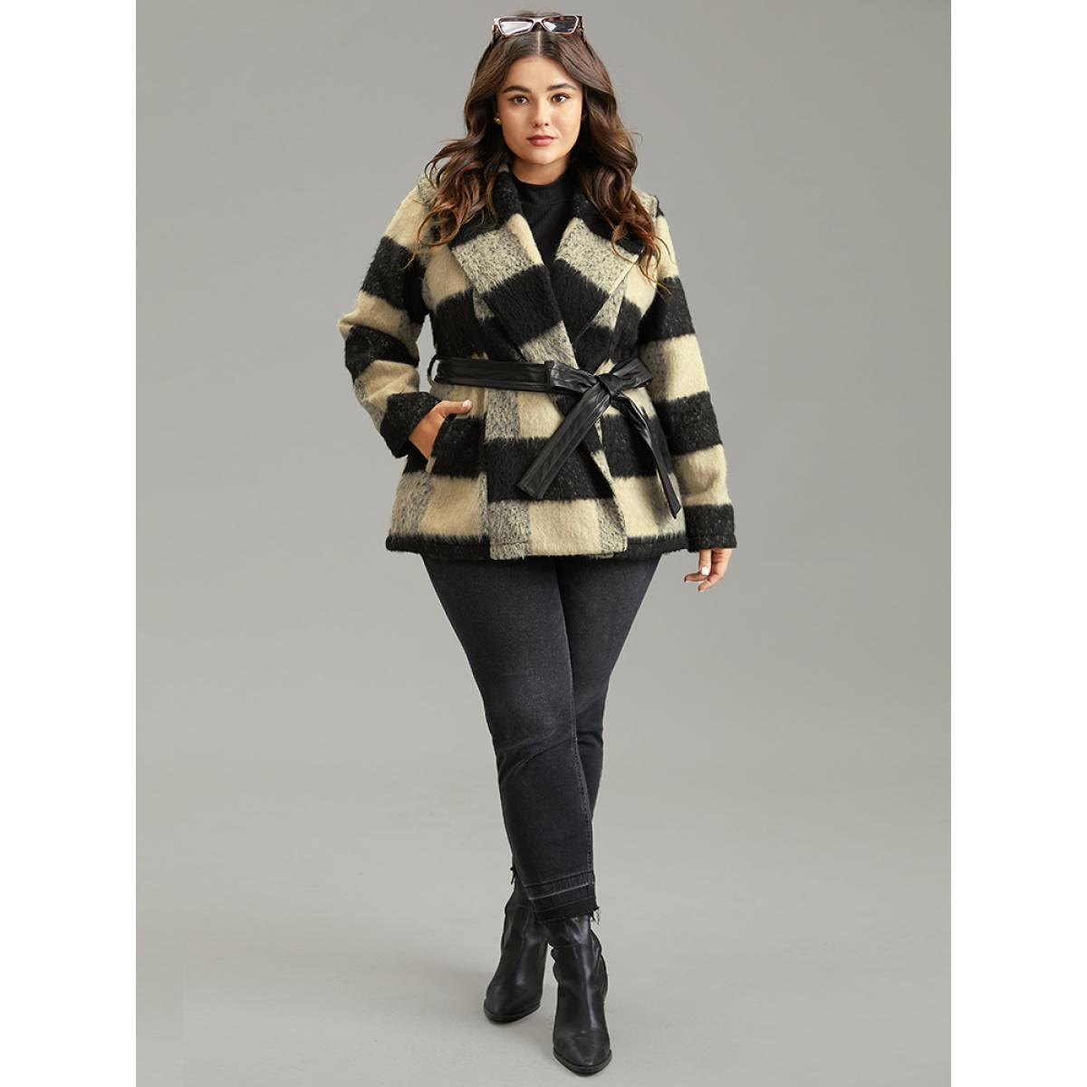 Plus Size Plaid PU Leather Belted Lapel Collar Coat Women Black Casual Lined Ladies Dailywear Winter Coats BloomChic 14-16/1X Product Image