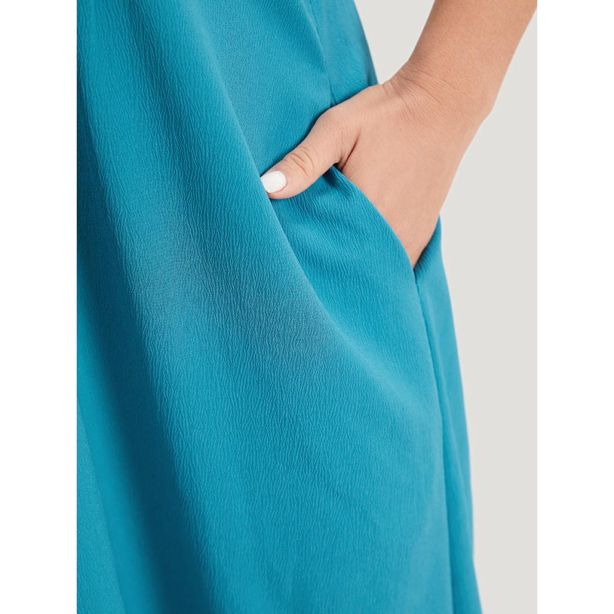 Plus Size Solid Plicated Detail Button Through Tank Dress Cerulean Women Vacation Button V-neck Sleeveless Curvy Knee Dress BloomChic 30/6X Product Image