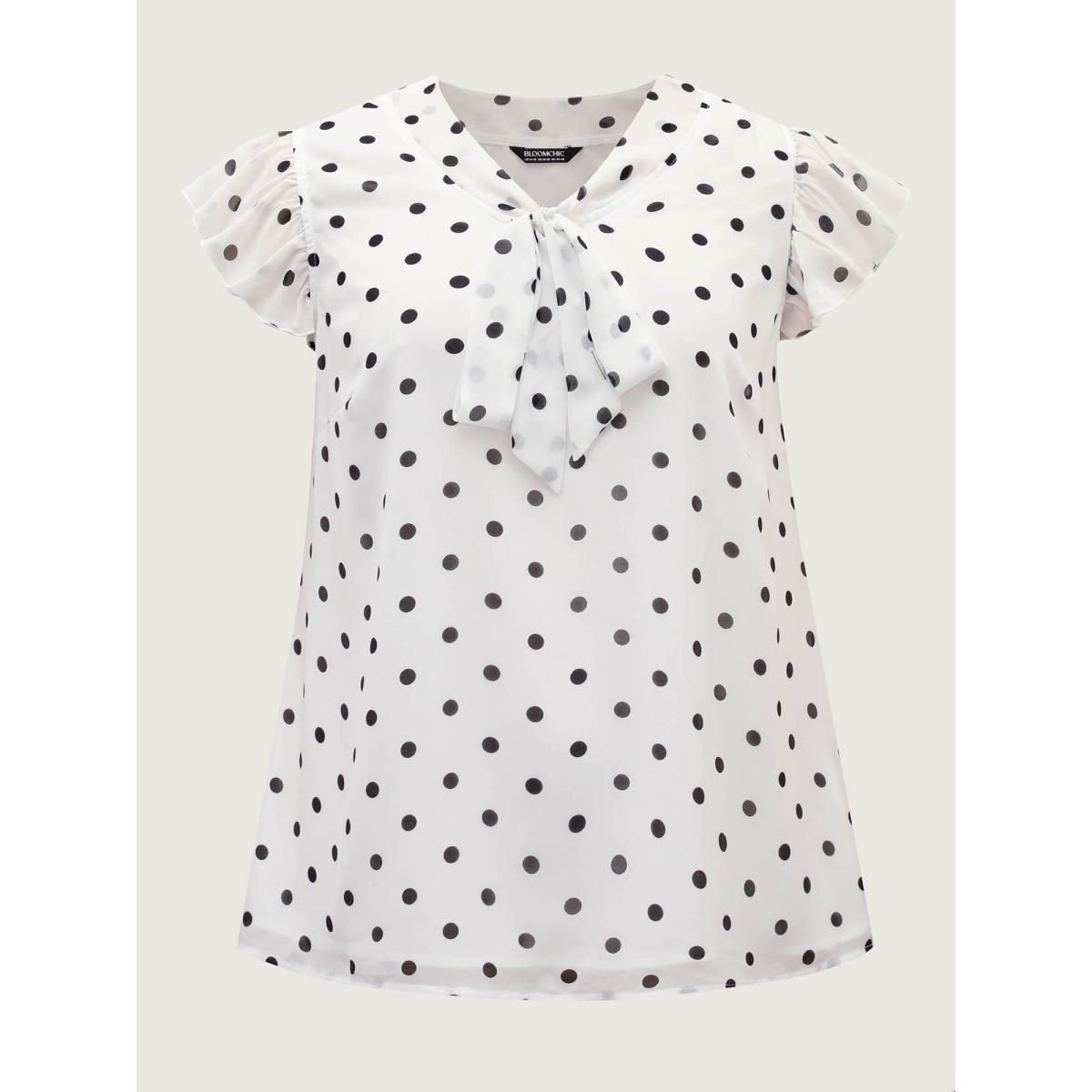Plus Size Black Polka Dot Ribbon Collar Blouse Women Cap Sleeve Ribbon-tied collar Work Blouses BloomChic 26/4X Product Image