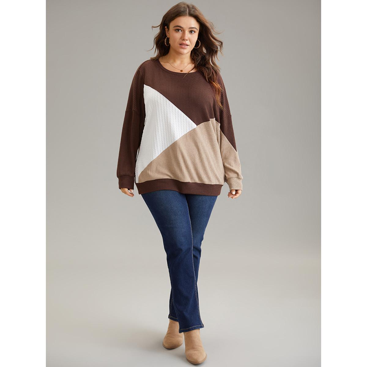 Plus Size Rib Knit Colorblock Contrast Drop Shoulder Sweatshirt Women Multicolor Casual Texture Round Neck Dailywear Sweatshirts BloomChic 14-16/1X Product Image