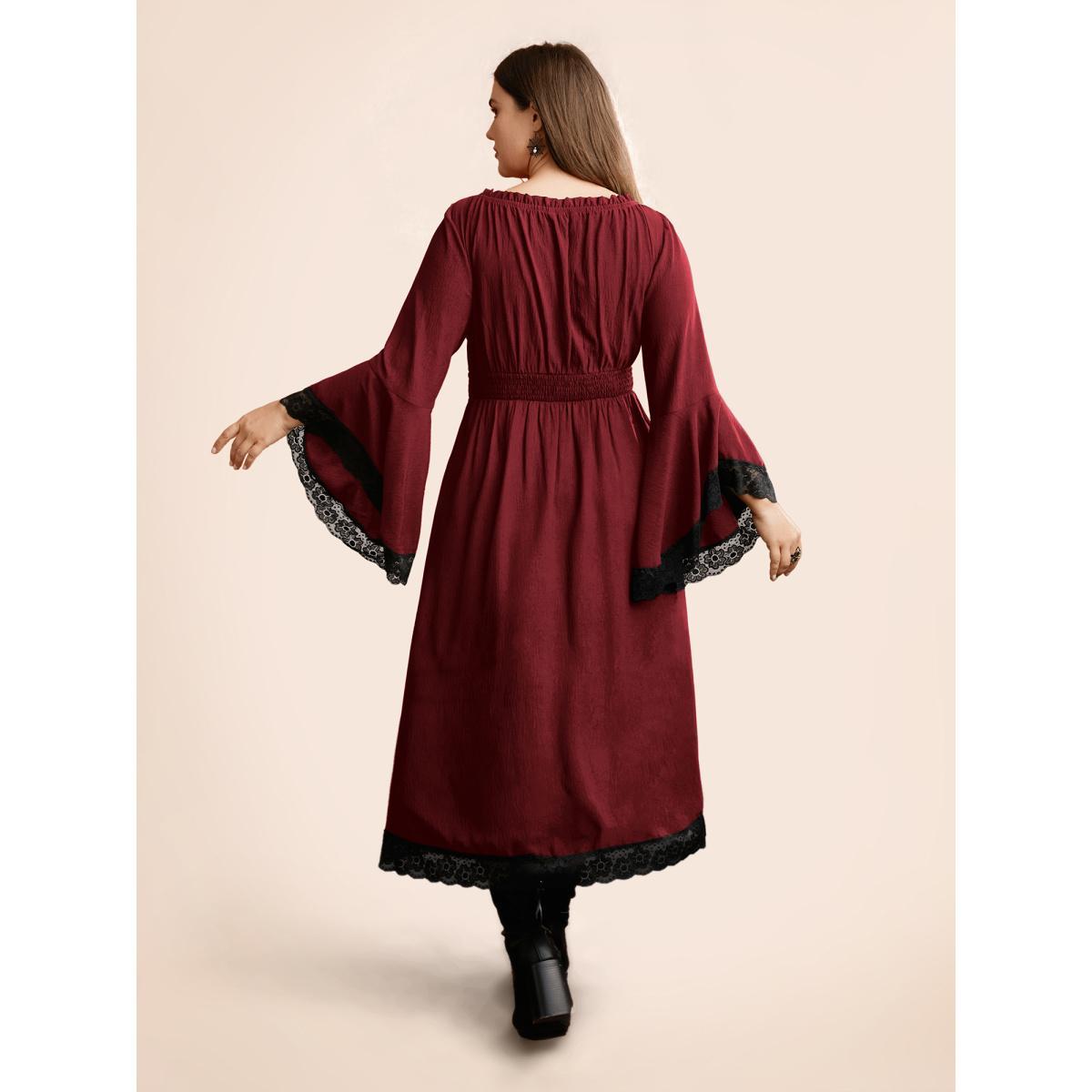 Plus Size Gothic Inspired Lotus Sleeves Midi Dress Deepred Women Cocktail Woven ribbon&lace trim Party Curvy Bloomchic 22-24/3X Product Image