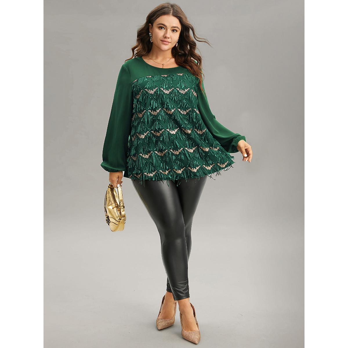 Plus Size DarkGreen Sequin Tassel Trim Patchwork Lantern Sleeve Blouse Women Glamour Long Sleeve Round Neck Party Blouses BloomChic 14-16/1X Product Image