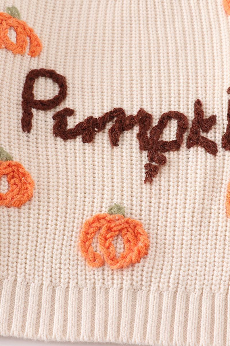 Beige hand-embroidery pumpkin pullover sweater Product Image