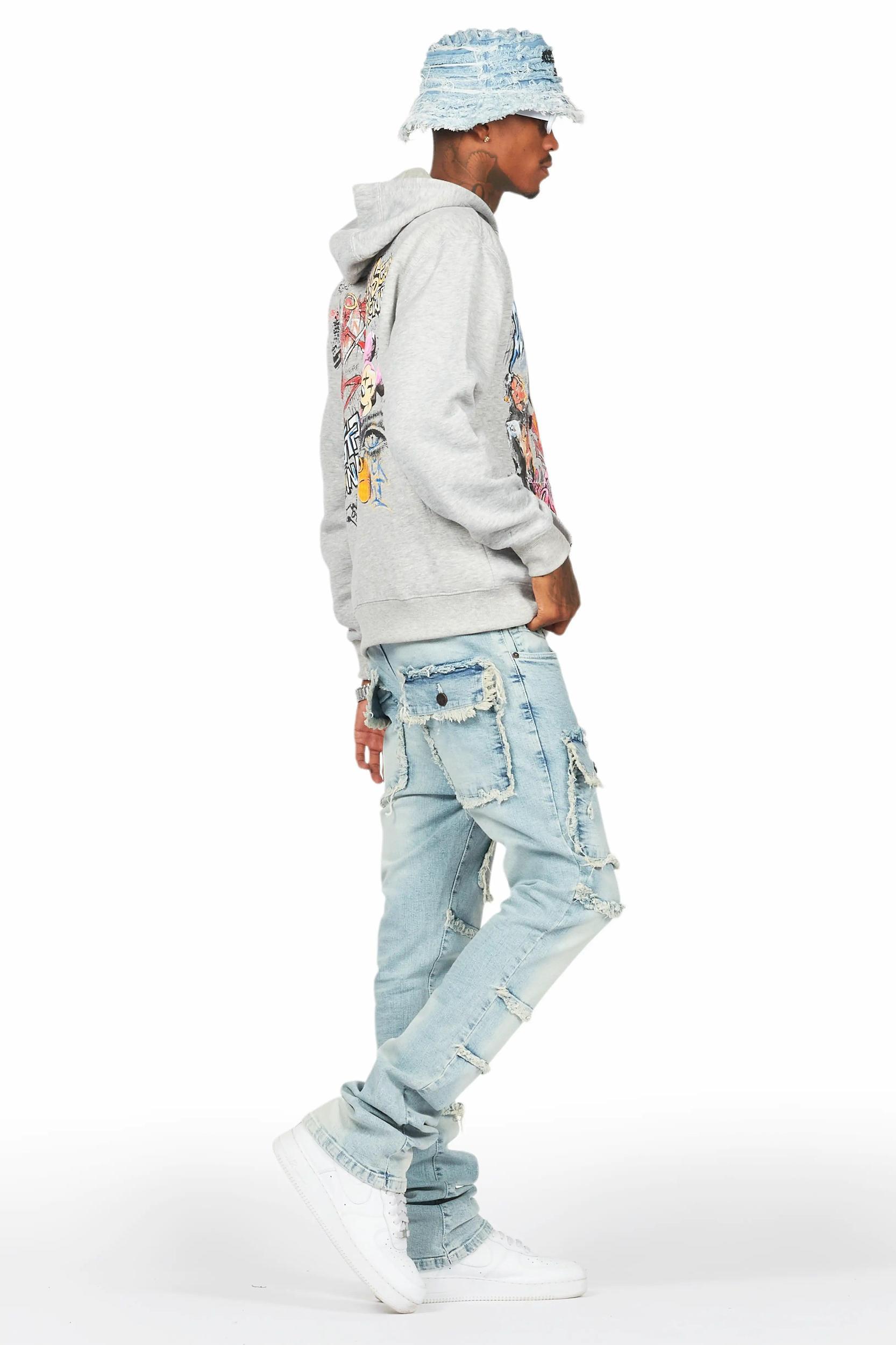 Yooz Heather Grey Hoodie/Stacked Flare Cargo Jean Bundle Male Product Image