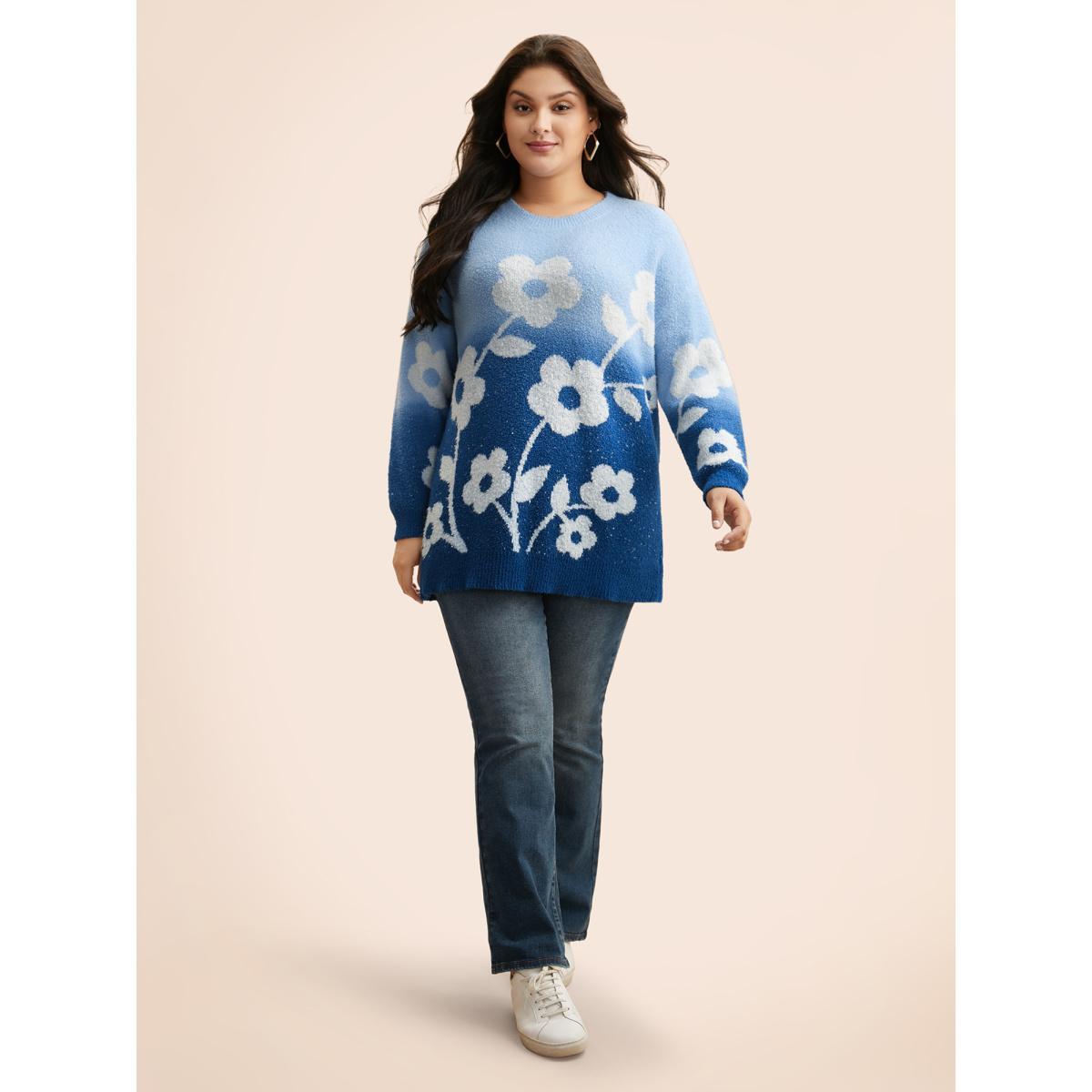 Plus Size Floral Jacquard Ombre Drop Shoulder Pullover Indigo Women Casual Long Sleeve Round Neck Everyday Pullovers BloomChic 10/M Product Image