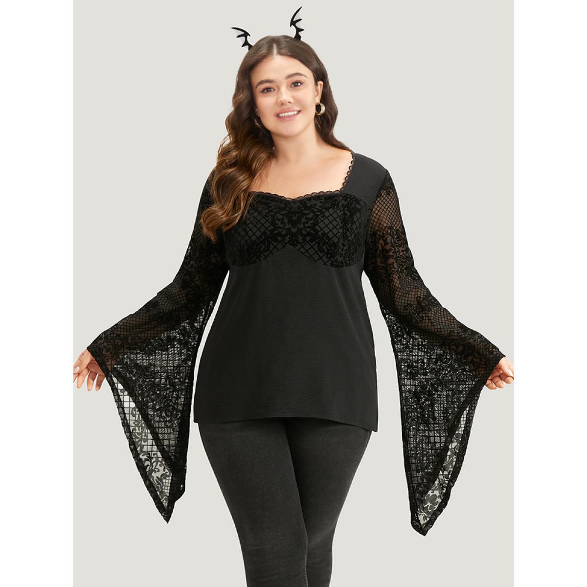 Plus Size Black Halloween Floral Eyelet Lace Mesh Bell Sleeve Blouse Women Elegant Long Sleeve Square Neck Festival-Halloween Blouses BloomChic 12/L Product Image