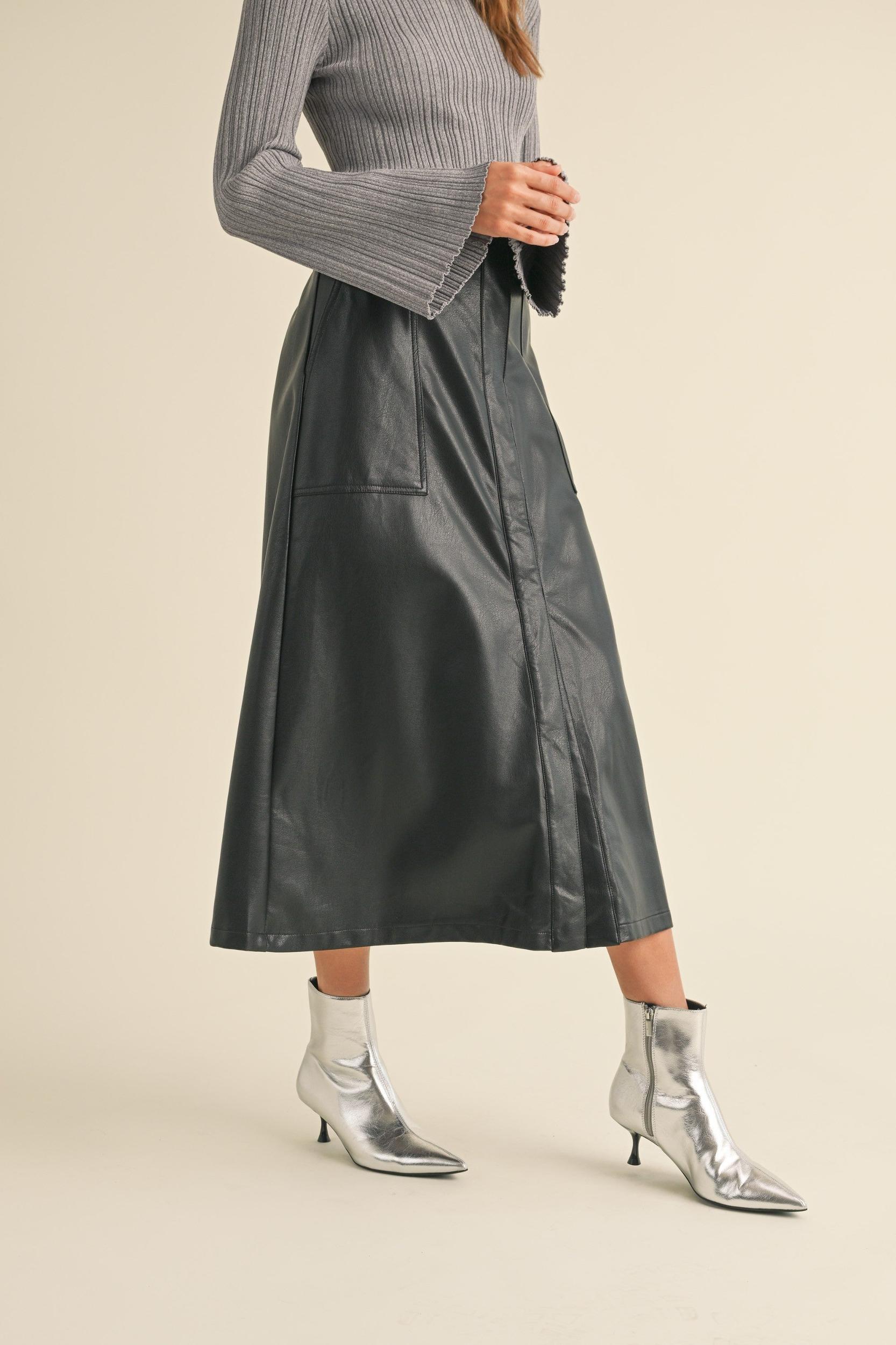 Front Slit A line Maxi Pleather Skirt Product Image