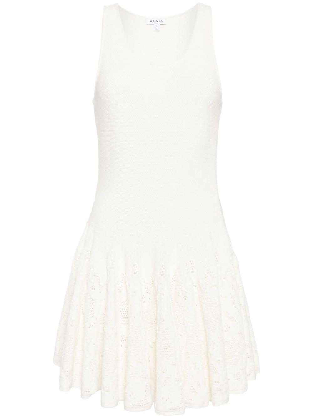 ALAÏA Flared Skater Mini Dress With Lace Detail In  Blanc Product Image