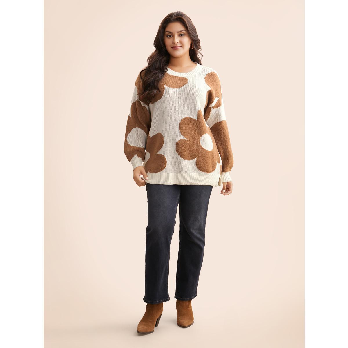 Plus Size Floral Jacquard Drop Shoulder Sleeve Pullover Apricot Women Casual Loose Long Sleeve Round Neck Everyday Pullovers BloomChic 28/5X Product Image
