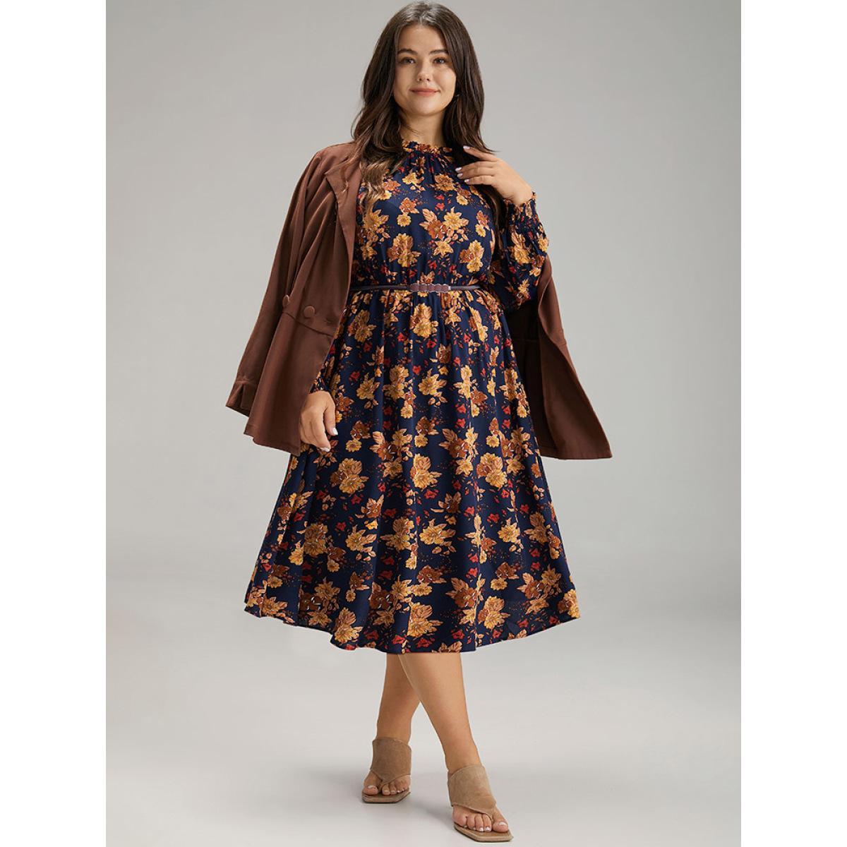 Plus Size Supersoft Essentials Floral Print Mock Neck Dress DarkBlue Women Elegant Printed Mock Neck Long Sleeve Curvy Midi Dress BloomChic 12/L Product Image