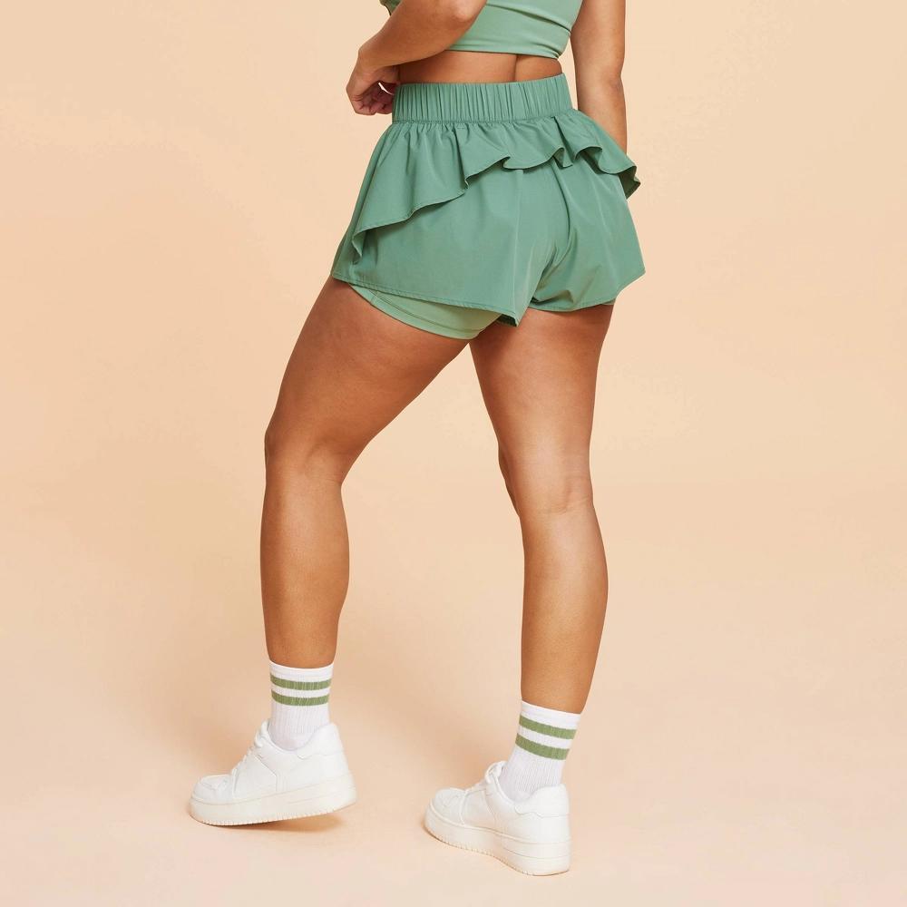 Blogilates Womens Ruffle Woven Mid-Rise Shorts 3 - Olive Product Image