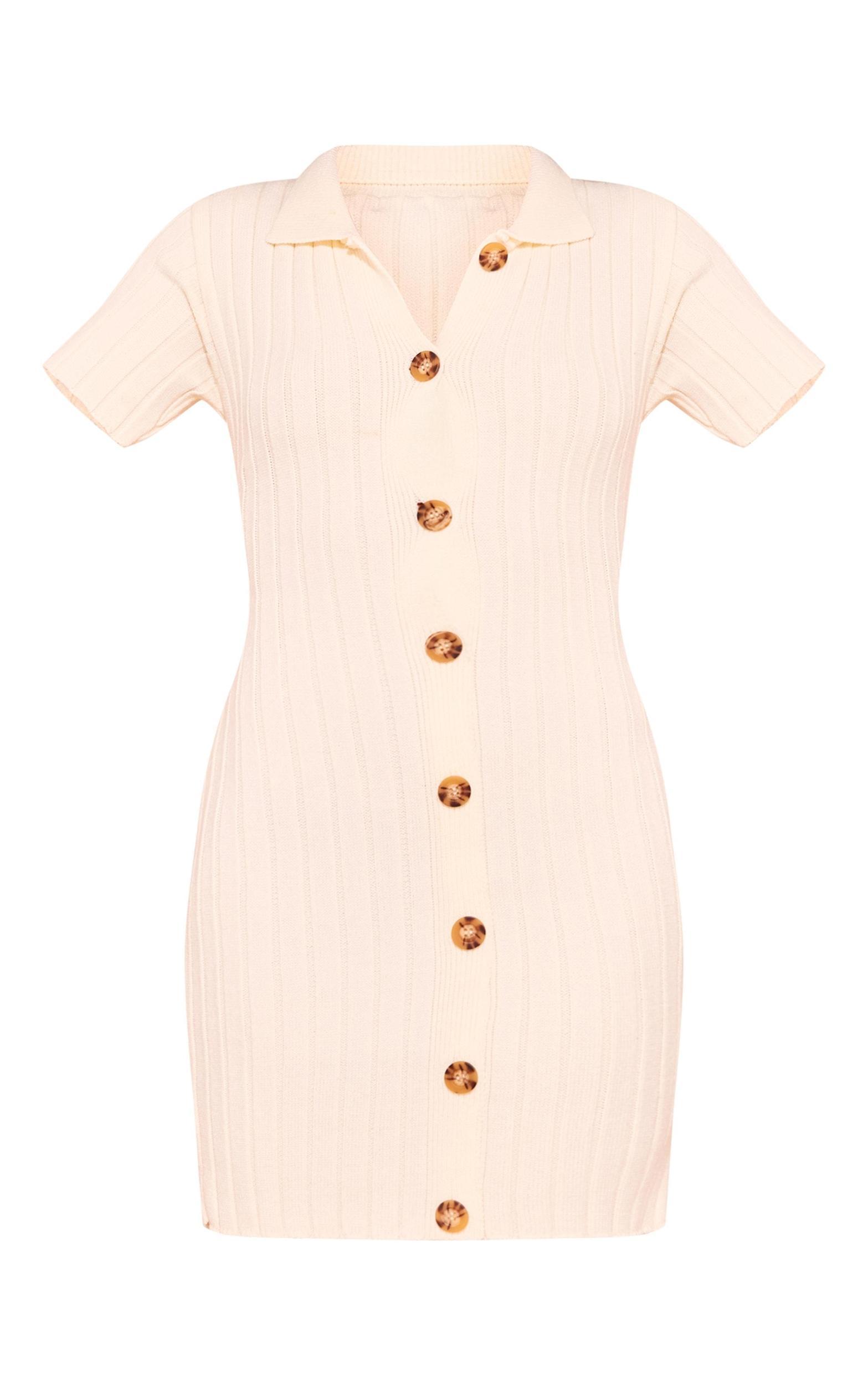 Cream Wide Rib Knit Button Mini Dress Product Image
