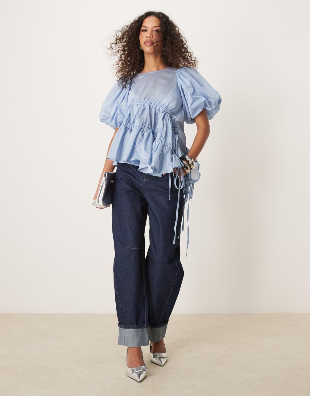 Ghospell asymmetric drawstring top in blue Product Image