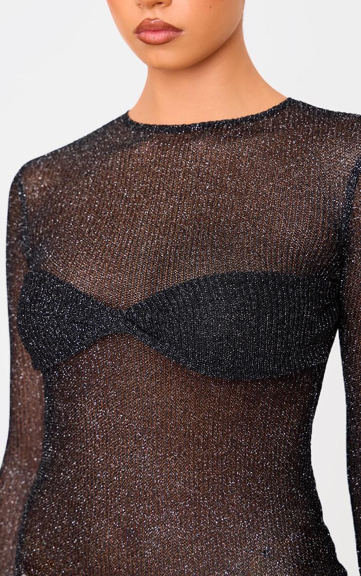 Black Metallic Ribbed Twist Bust Long Sleeve Mini Dress Product Image
