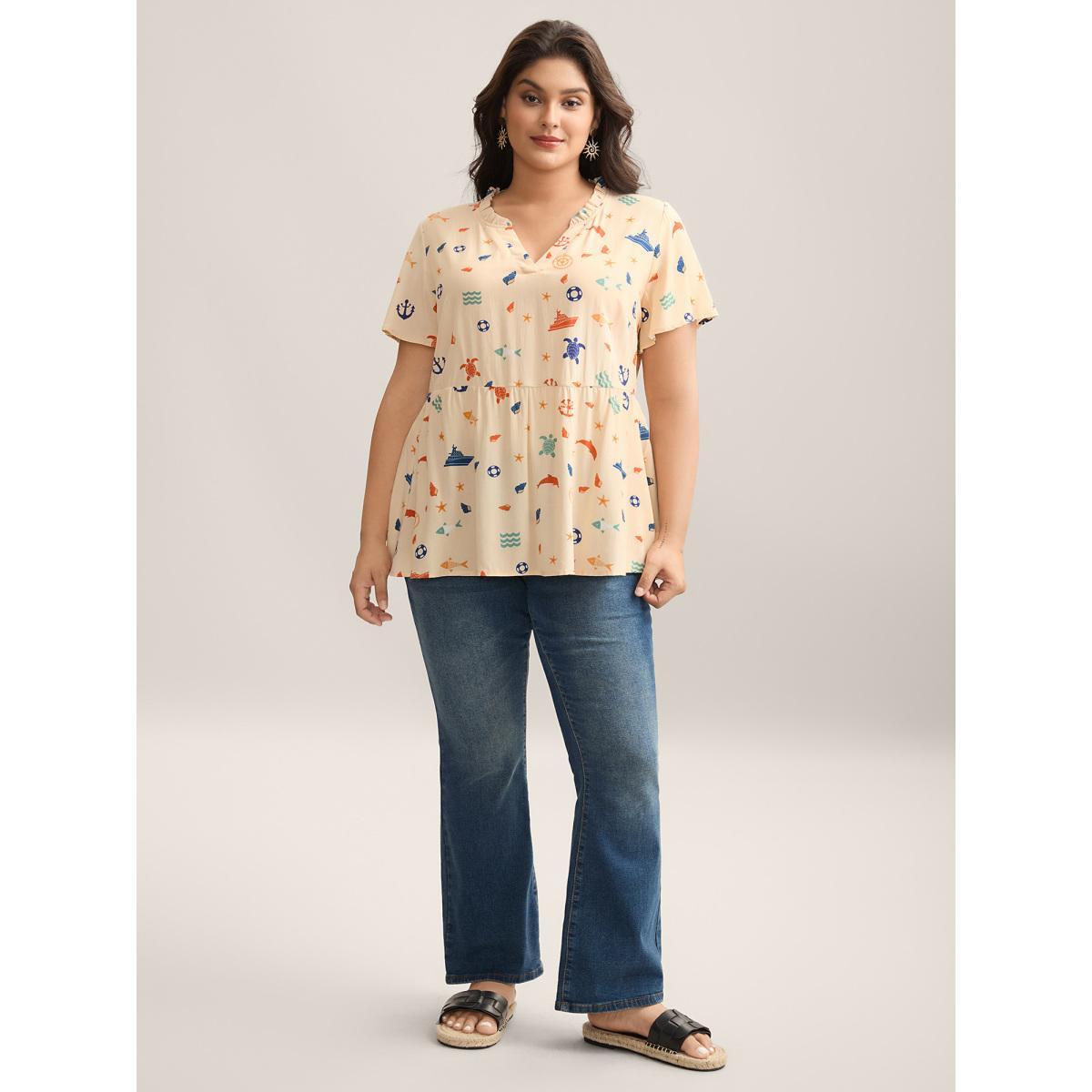 Plus Size Ivory Whimsical Print Stretchy Waist Rayon Blouse Women Short sleeve Flat collar with V-notch Vacation Blouses BloomChic 14-16/1X Product Image