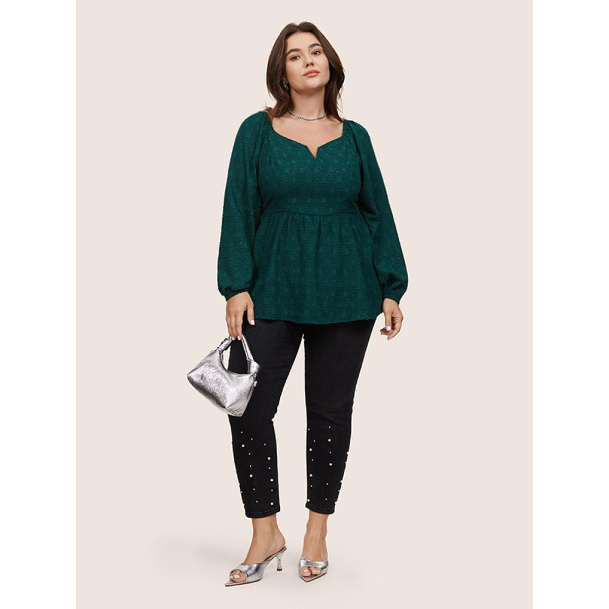 Plus Size Green Solid Jacquard Notched Lantern Sleeve Blouse Women Glamour Long Sleeve Notched collar Party Blouses BloomChic 30/6X Product Image