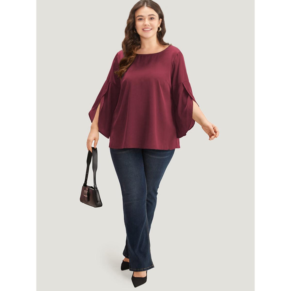 Plus Size DarkGreen Plain Wrap Flutter Sleeve Crew Neck Blouse Women Office Elbow-length sleeve Round Neck Work Blouses BloomChic 22-24/3X Product Image
