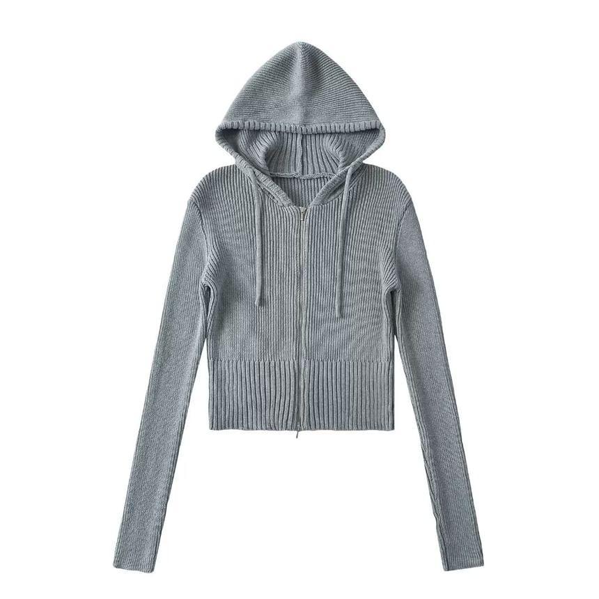 Plain Hood Ribbed Zip Cardigan Product Image