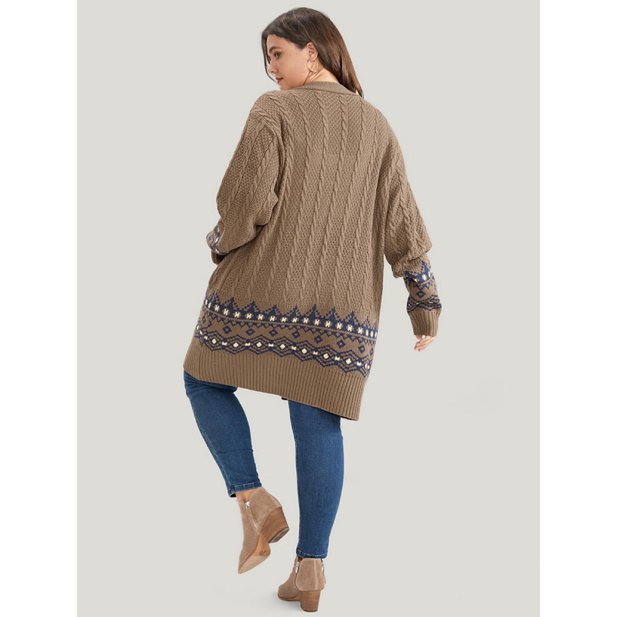 Plus Size Geometric Contrast Pointelle Knit Pocket Cable Knit Button Front Cardigan Bronze Women Elegant Loose Long Sleeve Dailywear Cardigans BloomChic 10/M Product Image