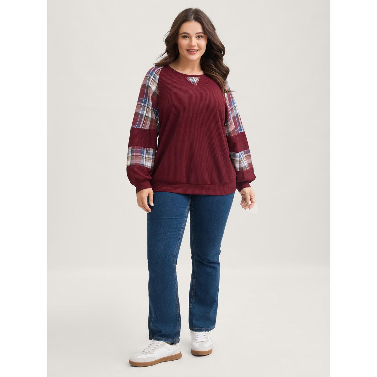 Plus Size Plaid Patchwork Raglan Sleeve Sweatshirt Women Burgundy Casual Texture Round Neck Everyday Sweatshirts BloomChic 30/6X Product Image