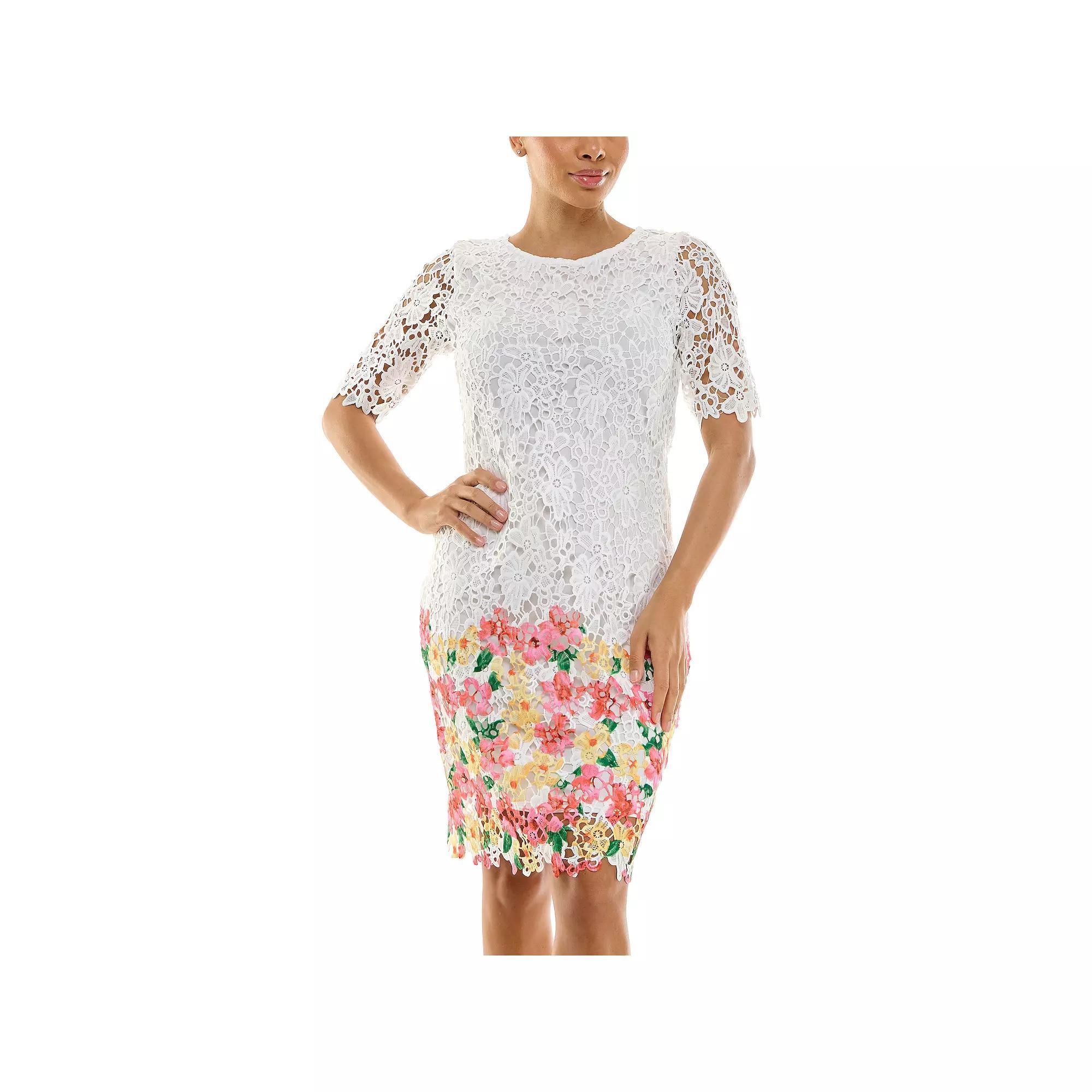 Women's Nina Leonard Elbow Sleeve Printed Lace Dress, Size: Small, Coral Yellow Product Image