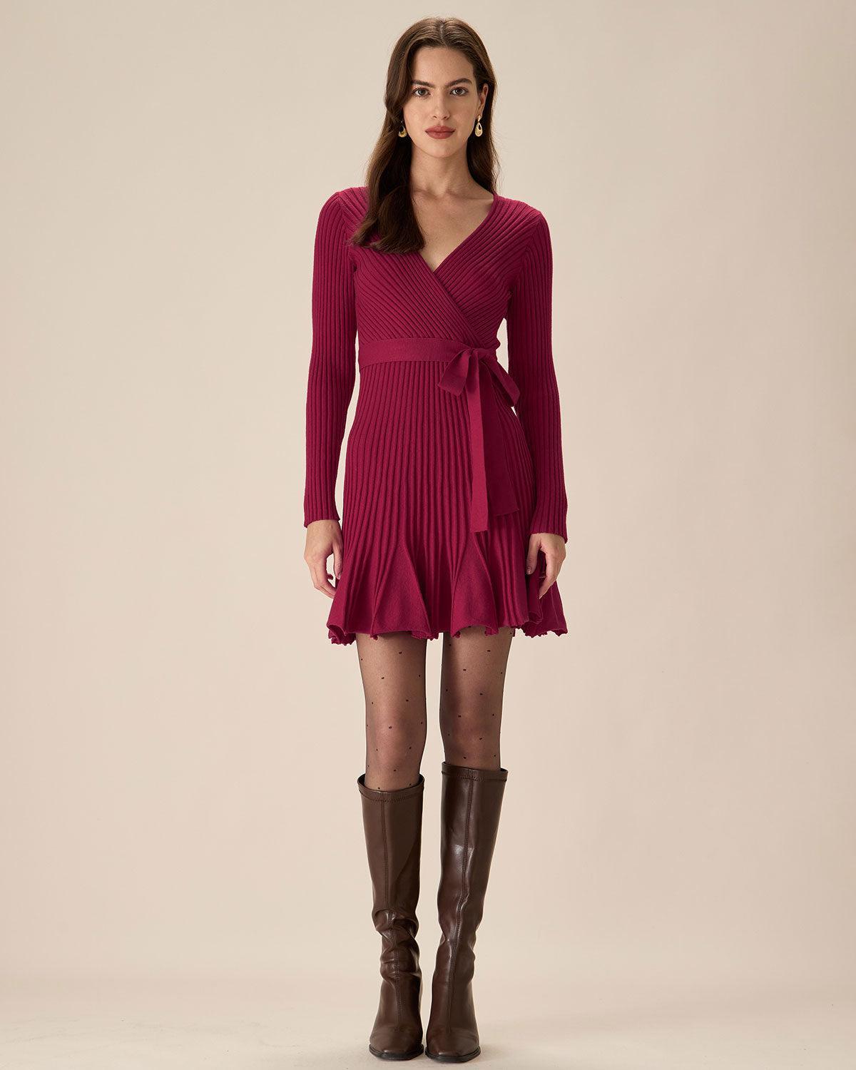 Wine Red Wrap Sweater Mini Dress Product Image