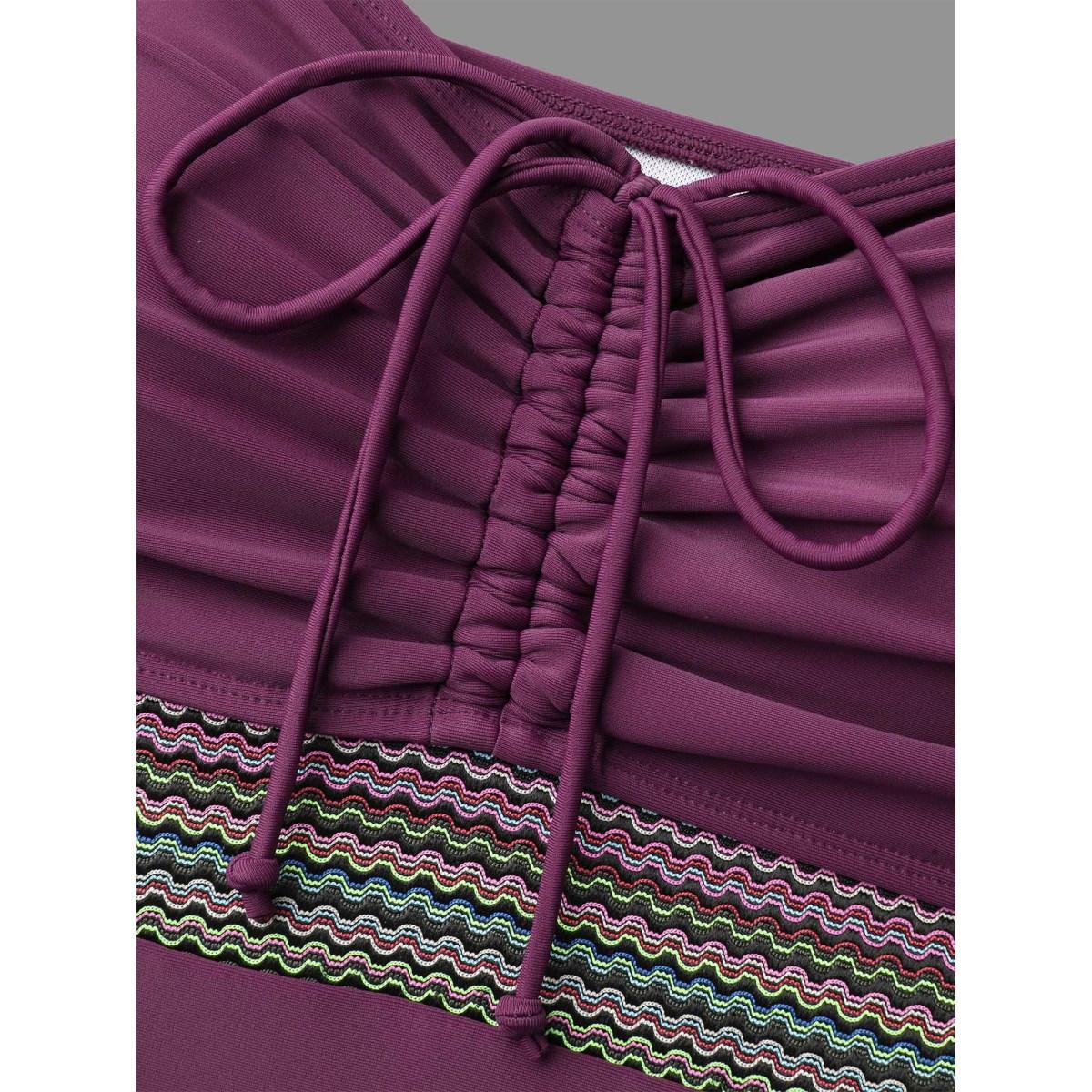 Plus Size Adjustable Drawstring Ruched Contrast Webbing One-Piece Swimsuit Women's Swimwear Deeppurple Beach Woven ribbon&lace trim Curve Bathing Suits High stretch One Pieces BloomChic 22-24/3X Product Image