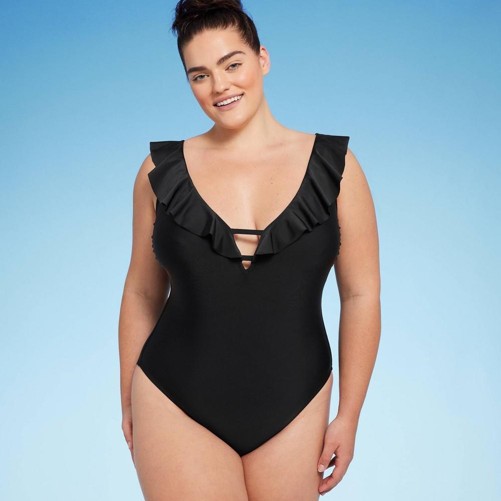 Womens Ruffle Plunge One Piece Swimsuit - Shade & Shore Off-White L Product Image