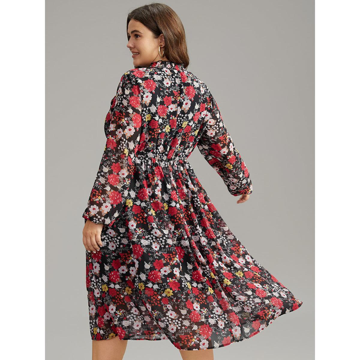 Plus Size Chiffon Floral Print Shirred Elastic Cuffs Dress Black Women Elegant Elastic cuffs Mock Neck Long Sleeve Curvy Midi Dress BloomChic 26/4X Product Image