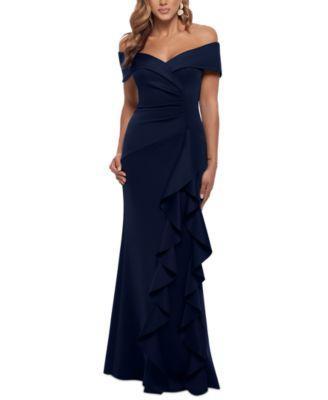 Xscape Petite Size Ruffled Off-the-Shoulder Short Sleeve Crepe Sheath Gown Product Image