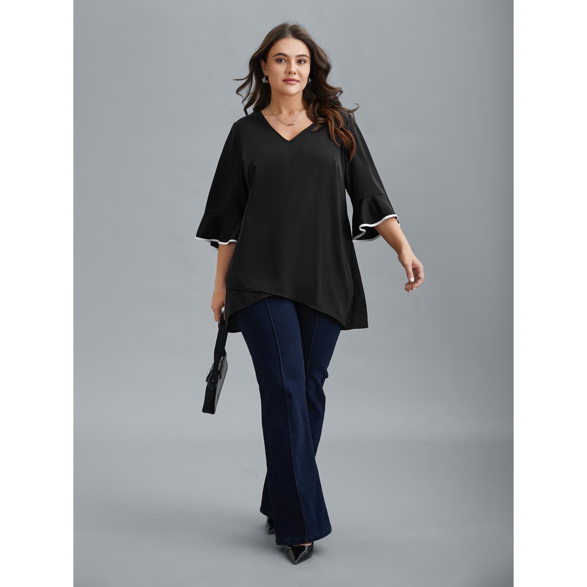 Plus Size Black Color-Block Spliced Ruffled Overlap Hem Blouse Women At the Office Elbow-length sleeve V-neck Work Blouses BloomChic 18-20/2X Product Image