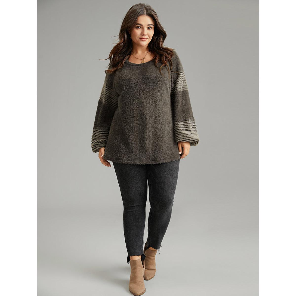 Plus Size Striped Patchwork Lantern Sleeve Fluffy Sweatshirt Women DarkBrown Casual Loose Round Neck Dailywear Sweatshirts BloomChic 18-20/2X Product Image