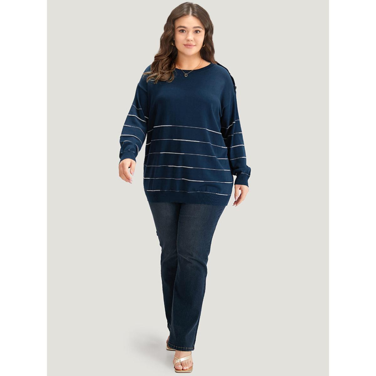 Plus Size Striped Metal Button Detail Elastic Cuffs Pullover Navy Women Casual Loose Long Sleeve Round Neck Everyday Pullovers BloomChic 30/6X Product Image
