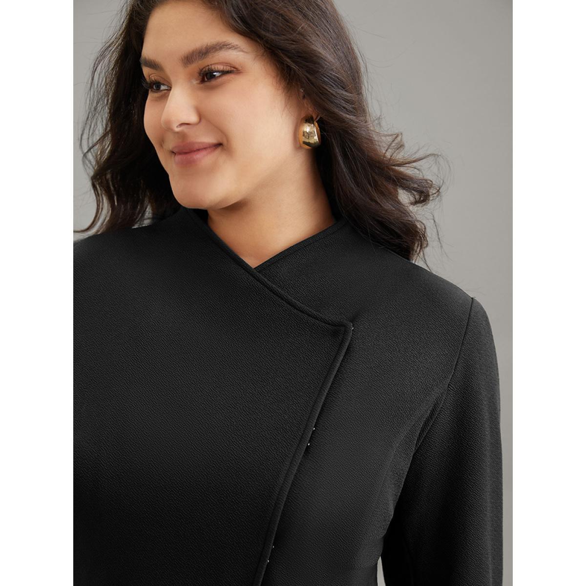 Plus Size Plain Asymmetrical Neck Button Up Blazer Black Women Work Plain Lined Sleeve Long Sleeve Asymmetrical Neck 22-24/3X Work From Home Blazers BloomChic Product Image