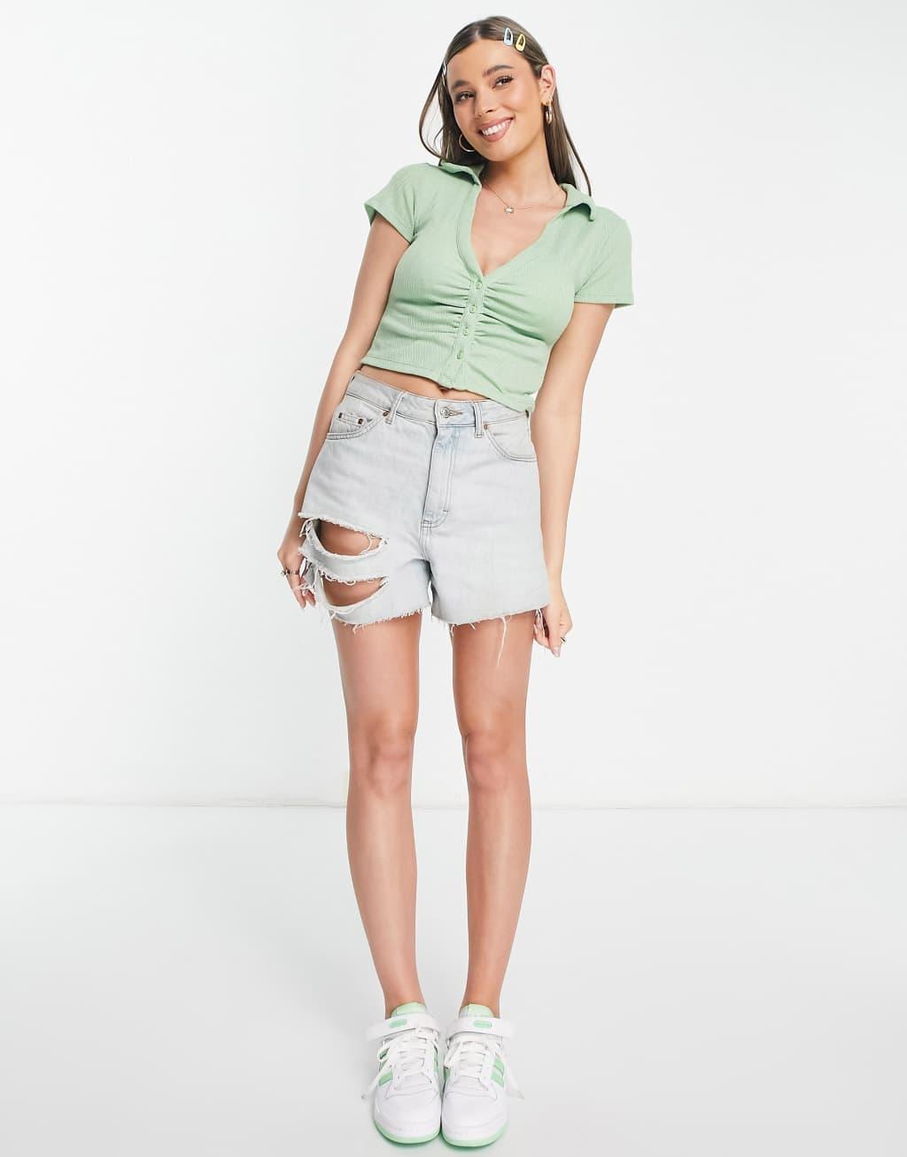 Stradivarius textured 90s ruched shirt in sage  Product Image
