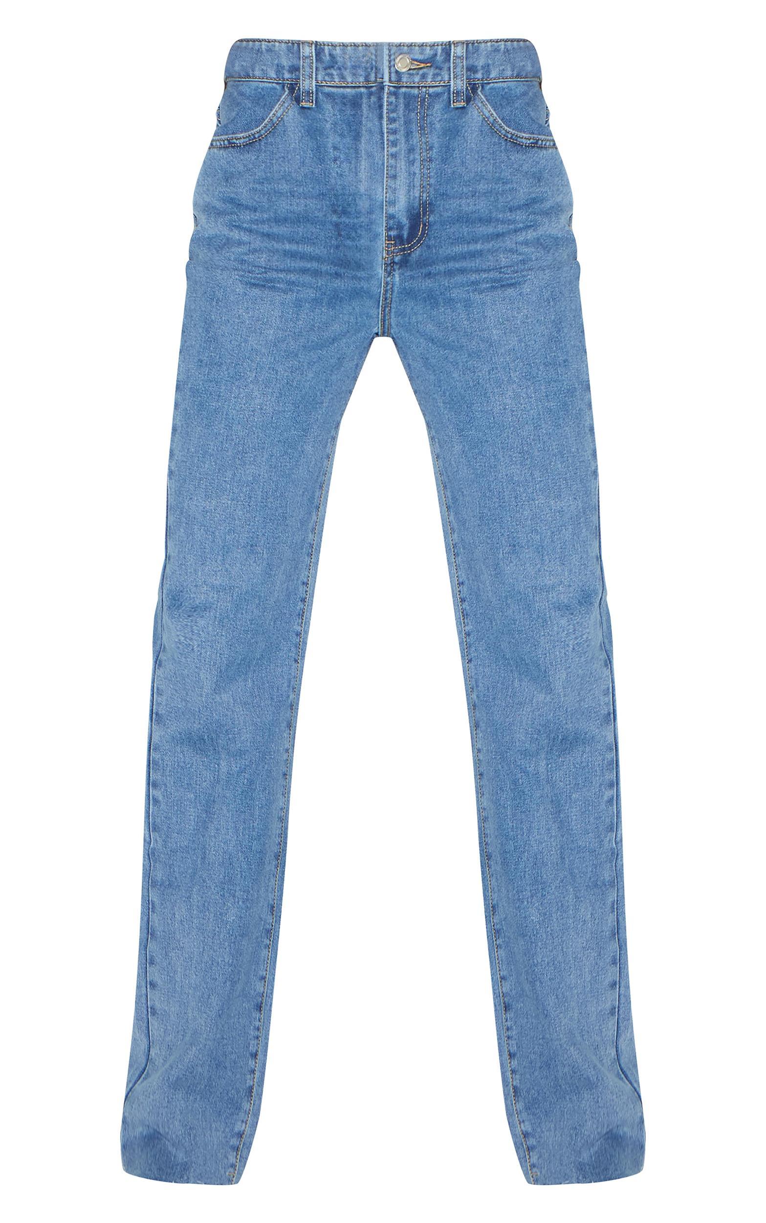 Mid Blue Wash Raw Hem Straight Leg Jean Product Image