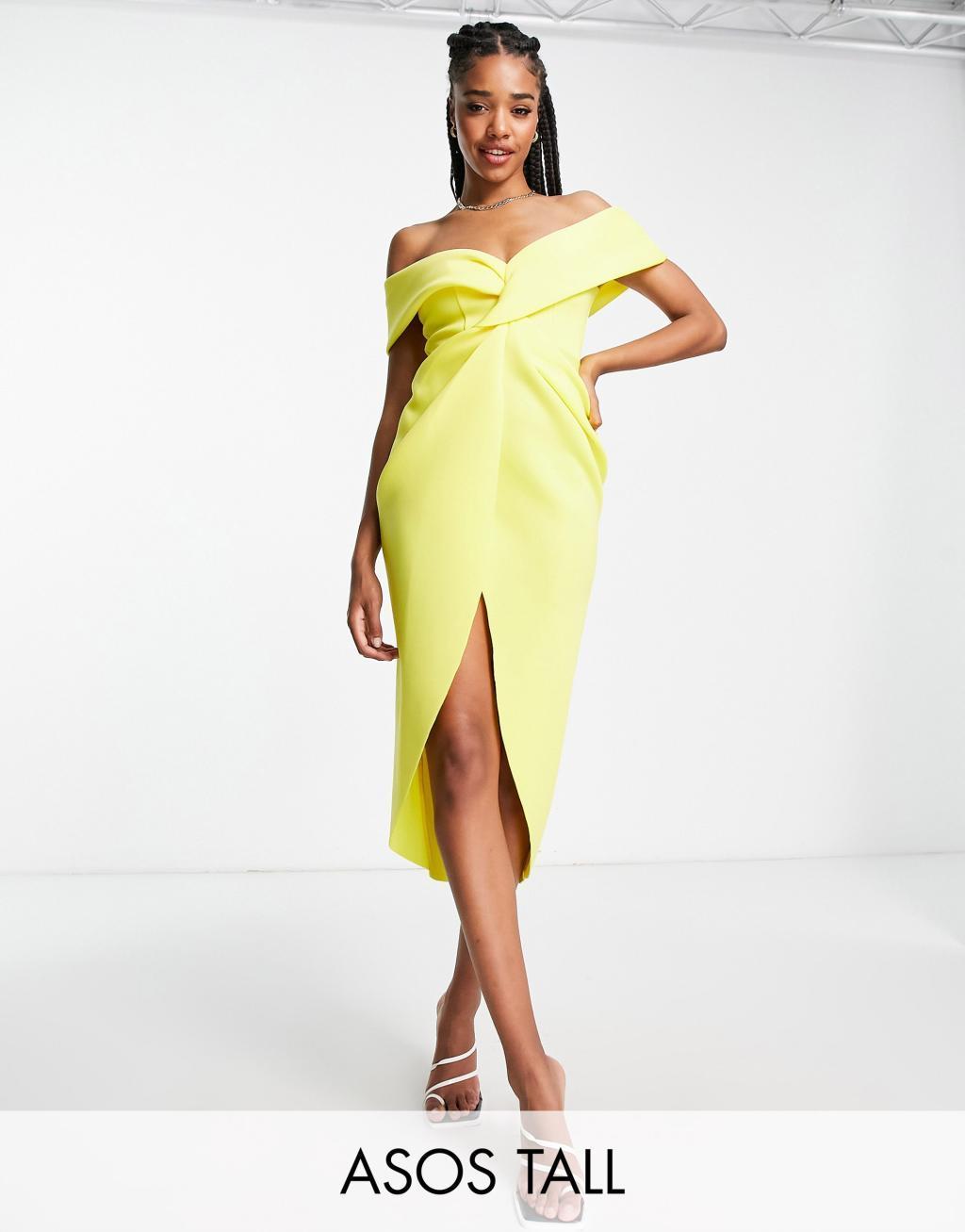 ASOS DESIGN Tall off shoulder twist front wrap midi pencil dress Product Image