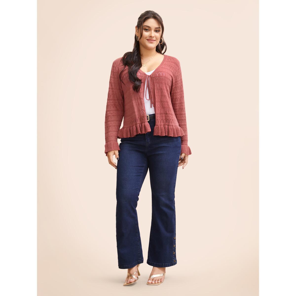Plus Size Texture Ruffles Tie Knot Bell Sleeve Cardigan Beanpastepowder Women Casual Loose Long Sleeve Everyday Cardigans BloomChic 30/6X Product Image